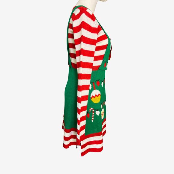 Born Famous Christmas Sweater Dress Green Red Striped Candy Cane Bow Size M - Picture 5 of 8